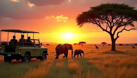 Ein Jeep fährt Elefanten hinterher. Im Hintergrund steht ein Baum und die Sonne geht gerade unter.