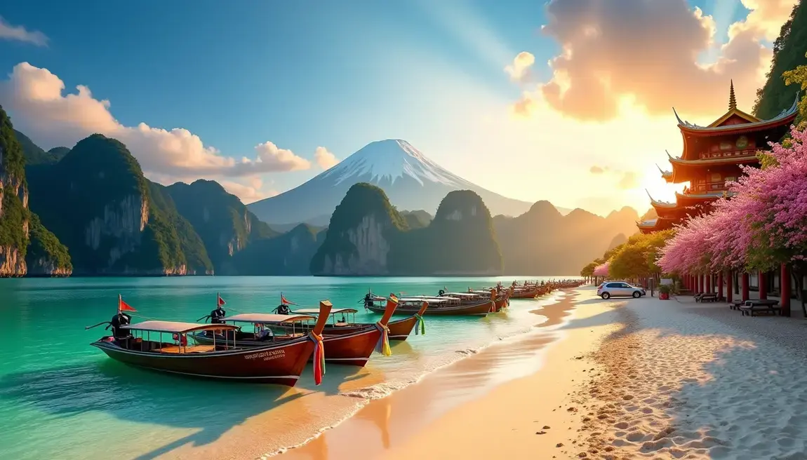 Boote in einer Reihe am Strand und im Hintergrund ragen große Felsen aus dem Meer.