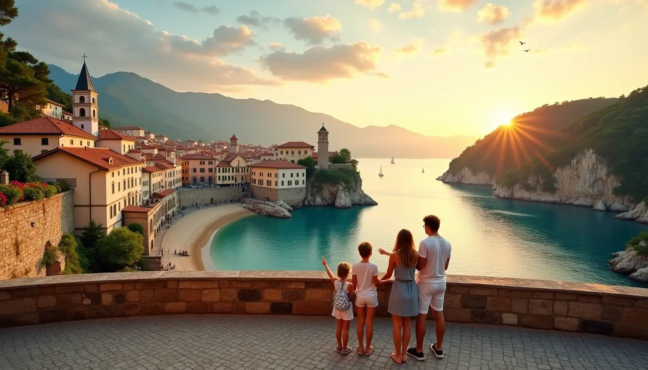 Eine Familie steht auf einer Brücke und schaut auf das Meer.